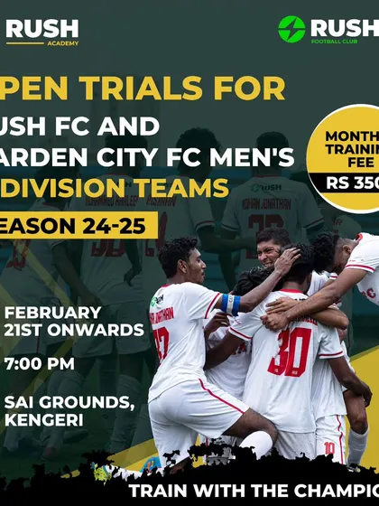 Open trials for our C-Division teams, Rush FC and Garden City FC. Join us to train with champions and compete in the 24-25 season.