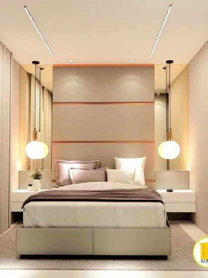 A frontal view of the bed, showcasing the symmetrical design with pendant lights.