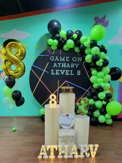 The full setup for Atharv's 8th birthday "Game On" party.