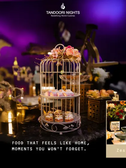 A beautiful dessert and sweets display in a decorative birdcage, creating a whimsical and elegant focal point for an event.