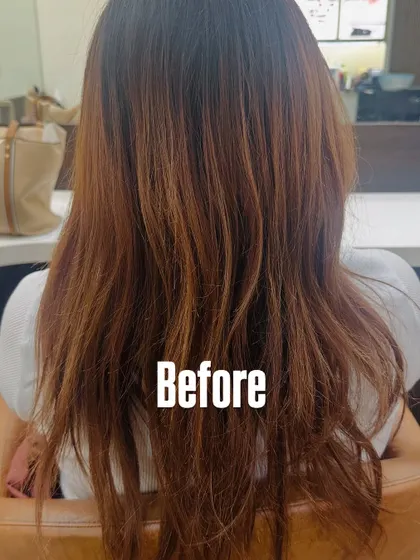 A 'before' image showing hair with a previous reddish color. This was the canvas for a gorgeous new brunette transformation.