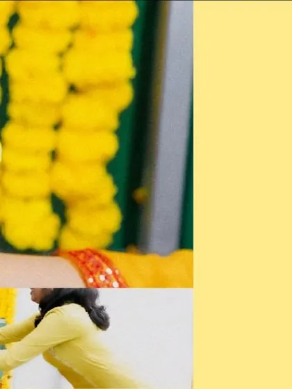 A collage of candid moments from a Haldi ceremony. It shows the messy, joyful application of turmeric paste and the happy reactions, telling the story of this fun-filled tradition.