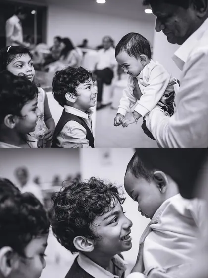 A black and white collage showing a baby being introduced to other children at a party. These gentle, curious interactions are beautiful to witness.