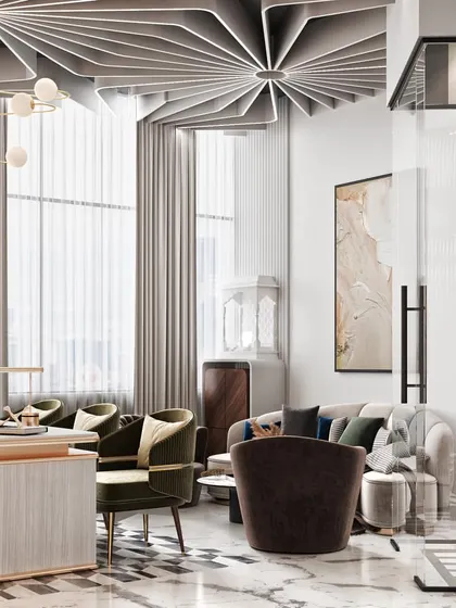 Another perspective of the MD cabin, showing the connection to the adjacent open-office area through curved glass walls. This visualization helps in planning spatial adjacencies and sightlines.
