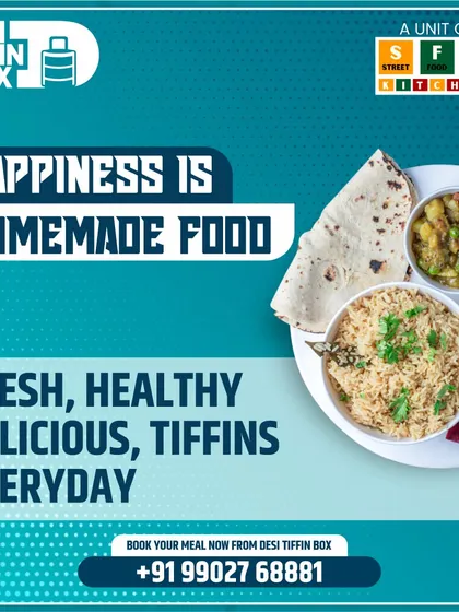 Happiness is a plate of fresh, healthy, and delicious homemade food. This image shows a typical daily tiffin, featuring rice, roti, dal, and a vegetable sabji, representing the simple goodness I deliver every day.