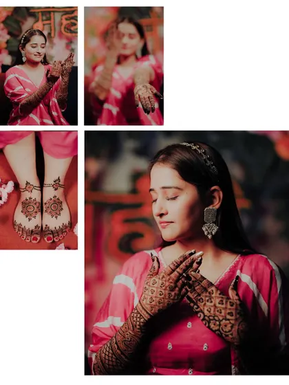A collage of the bride showing off her detailed Mehandi. The photos capture her excitement and the artistry of the henna.