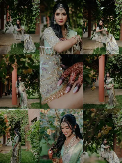 A collage showcasing the bride's beauty and her stunning traditional outfit. It includes a mix of full-length shots, close-ups of her henna, and portraits that capture her joyful personality.