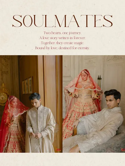Soulmates. Two hearts, one journey. This collage tells a story of a love destined for eternity, captured in a series of regal and romantic poses.