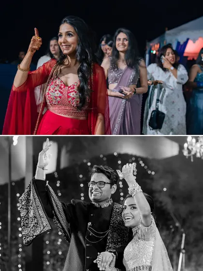 A collage capturing the energy of a sangeet night in Udaipur, from the couple's dance to the guests' reactions.