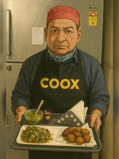 Our chef, imagined as an anime character, proudly presenting a tray of freshly made snacks. We take great pride in the food we serve.