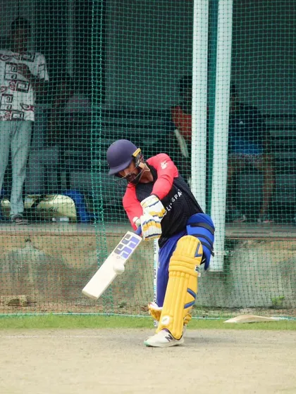 A powerful shot from Aditya Mani during net practice with the Shimoga Lions. His batting technique was developed and refined over years at our academy.