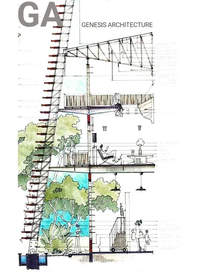 A conceptual cross-section sketch we named 'The Green Louvre'. This drawing explores how to vertically integrate nature into a multi-story building, creating green spaces on every level.