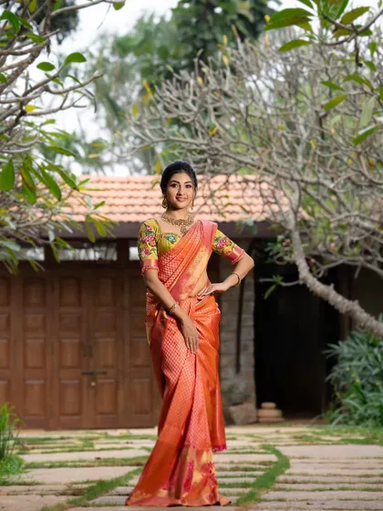 A classic, full-length pose from Ragini, showcasing the entire look from head to toe. The custom blouse truly elevates the traditional saree.