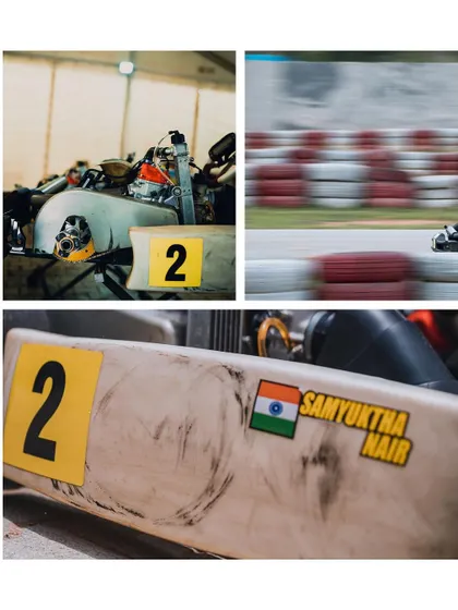 A close up of Samyuktha Nair's kart, proudly displaying her name and the Indian flag. We are dedicated to increasing the visibility and brand building of our female athletes.