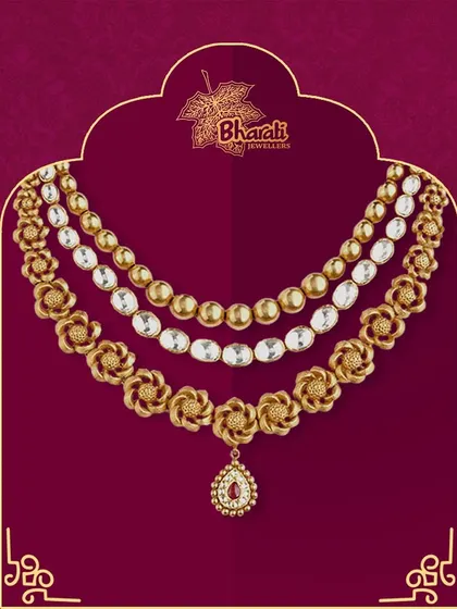 Enhance your style with this stunning 3-layered, oxidized necklace. It elegantly fills your neckline with unique patterns, including a floral gold layer, a Kundan layer, and a gold bead layer, perfect for making a statement.