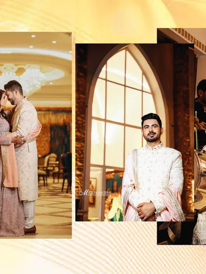A collage of moments from an engagement party, including a romantic kiss and a stylish portrait of the groom. It shows the different emotions and scenes of the celebration.