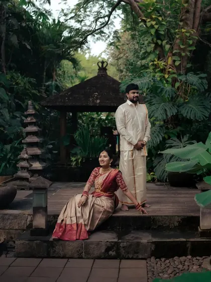 An extensive collection from a post-wedding shoot at the Livingreen Studio. Each image captures the couple's loving connection in a serene, natural environment.