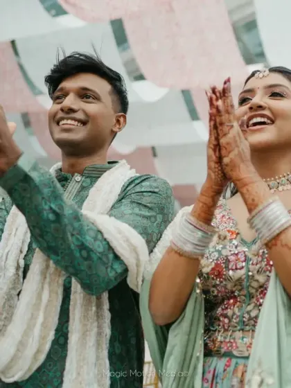 Fun and games are an essential part of a Mehendi ceremony. We organized this playful blindfold game for Hema and Karthik, creating laughter and sweet memories for the couple and their guests.