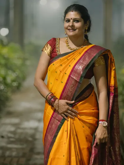 A full-length view of the classic Karnataka silk saree. The rich texture and vibrant colors make it a timeless choice for any festive occasion.