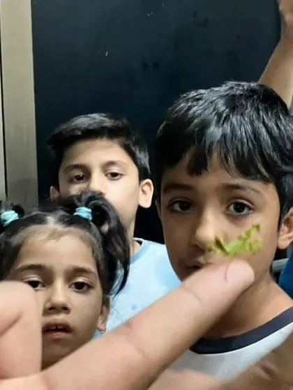 A grasshopper perches on a child's finger, creating a memorable, up-close encounter with the insect world.