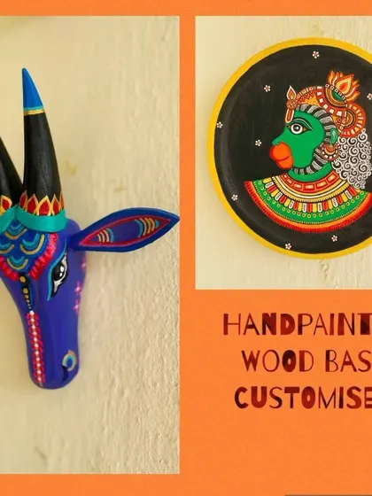 A collage showing the custom blue Nandi alongside a Hanuman wall plate, showcasing a personalized order for a client.