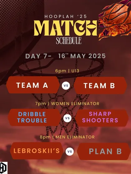 The match schedule for Day 7 of Hooplah '25, featuring the U-13 game and the Men's and Women's Eliminator matches.