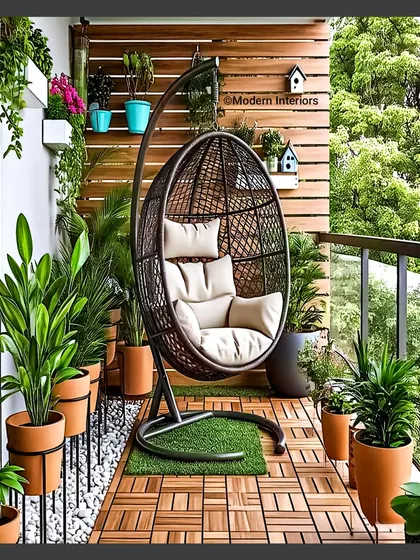 Here, a dark wicker swing chair serves as the centerpiece. It's placed on a small patch of grass atop wooden deck tiles, creating a defined relaxation zone surrounded by terracotta pots.