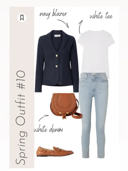 Spring Outfit Idea 5: A navy blazer is incredibly versatile. Here, I've styled it with a basic white tee and light denim, finished with classic leather loafers for a preppy, polished feel.
