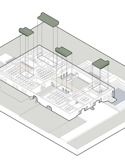 An isometric drawing illustrates how the sculptural roof elements of the DUA Villa are positioned to introduce natural light into specific interior spaces. This strategic placement is key to the home's lighting design.