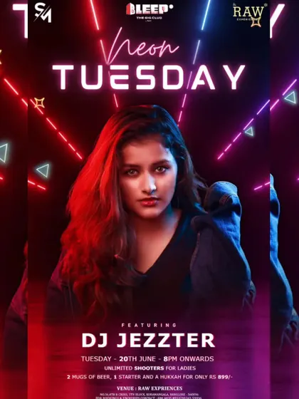 A "Neon Tuesday" poster featuring a cool, edgy design. I make sure the event's promotion matches the high-energy, modern vibe of the party.