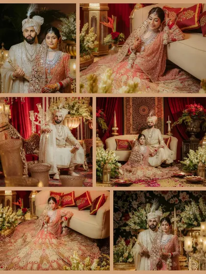 More portraits from Aashna and Akshay's royal-themed wedding, capturing them in various elegant poses against their opulent decor.