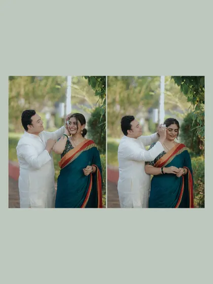 A playful and affectionate diptych. The groom gently tucks her hair back, a small gesture full of love, captured during their traditional pre-wedding shoot.