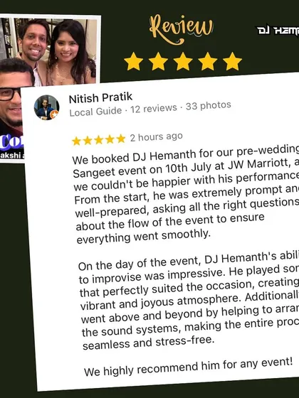 An amazing review from Nitish after his pre-wedding Sangeet at JW Marriott. I always make sure to be prompt, prepared, and handle all the technical aspects like sound systems to ensure a seamless, stress-free event for my clients.