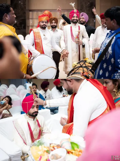 A collage capturing the groom's energetic baraat entrance with dhol players, a key part of a Punjabi wedding celebration.