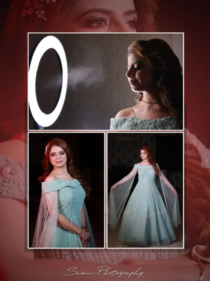 A collage showing the bride getting her makeup done and posing in her light blue engagement gown.