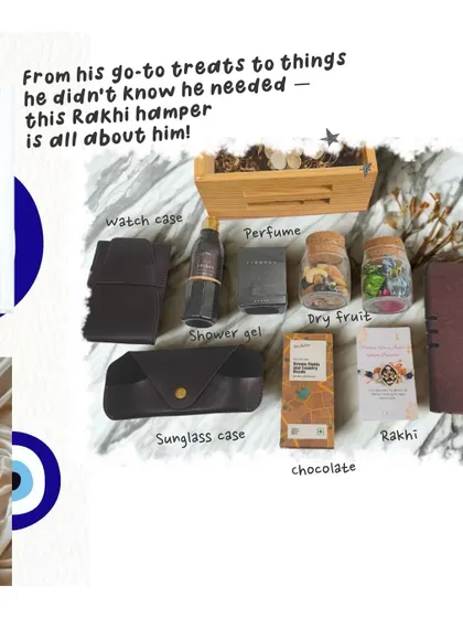 Another fantastic Rakhi hamper option for him, featuring a watch case, sunglass case, perfume, and dry fruits. We focus on combining practical items with indulgent treats.