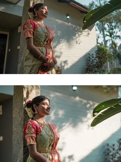 A pair of portraits of the bride in the morning light, capturing her serene and happy mood.