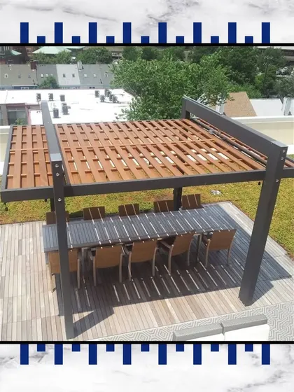 Experience the epitome of luxury with our exceptional lawn dining. This rendering shows a rooftop dining area under a modern pergola, perfect for hosting elegant dinners.