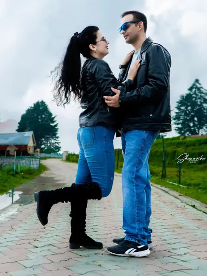 A playful and romantic pose that captures the fun dynamic of the couple. These are the moments that make a pre-wedding shoot special and personal.