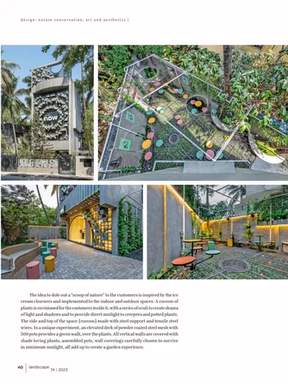 An overhead and side view of the Naturals NOW project. You can see how the steel structure provides a framework for the green walls and canopy, creating a complete "scoop of nature" for visitors.
