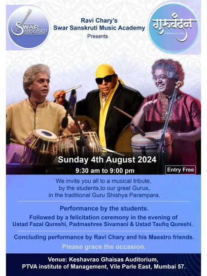 The official poster for 'Guru Vandan' 2024, inviting all music lovers to a full day of musical tribute. The event featured performances by students and a concluding concert with me and my maestro friends.