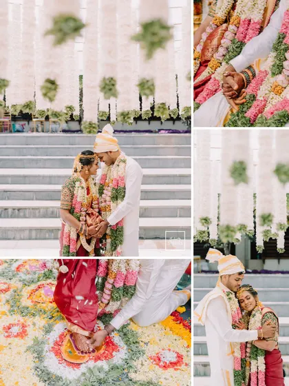 A collage of beautiful moments from a South Indian wedding ceremony, including the garland exchange, holding hands, and the Saptapadi ritual around the floral rangoli.