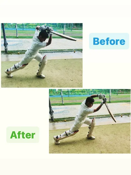 A clear before and after comparison of a player's batting stance. With coaching, we corrected his balance and head position, leading to better shots.