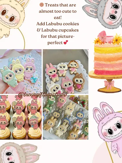 An inspiration board showcasing adorable Labubu themed cookies and cupcakes, perfect for a quirky and modern baby shower.