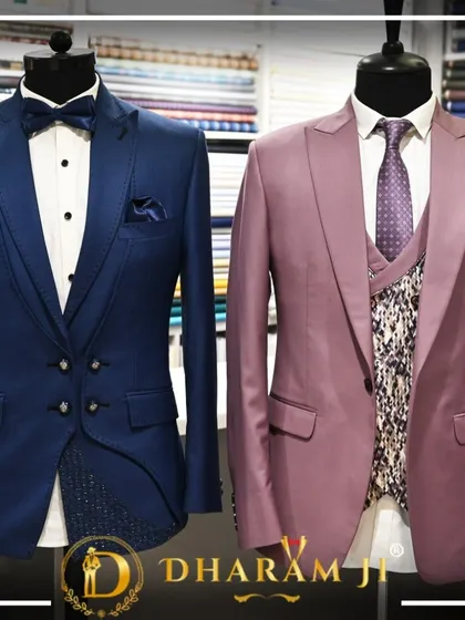 Another full view of the blue and mauve suits, perfect for clients looking for wedding or reception outfits.