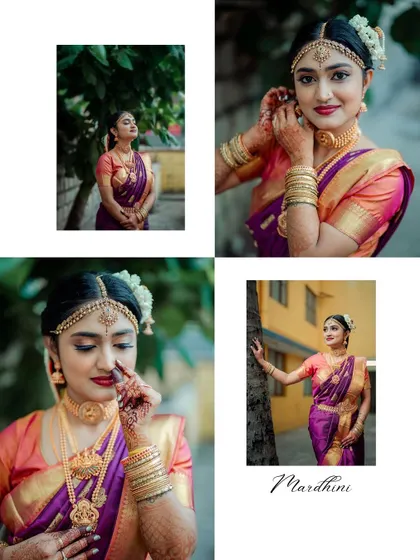 A collage of the bride in her beautiful purple and gold saree, capturing her grace from different angles.