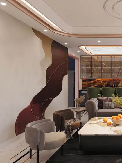 This angle shows the seamless transition from the living area to the home bar, unified by a sophisticated color palette and curved design motifs.