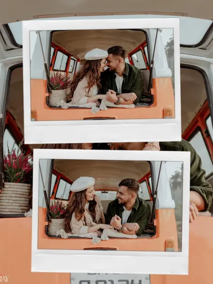 A creative polaroid-style collage of the couple inside the back of the van.