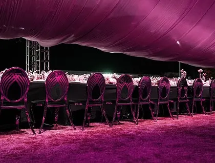 A row of modern, pink-toned chairs under a draped canopy, showcasing a different color filter on our elegant dinner setup.