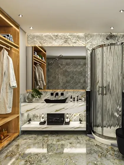 A lavish bathroom design featuring marble floors and walls, a glass-enclosed shower, and a black toilet. The space also includes an open wooden wardrobe for robes and towels, blending the functions of a bathroom and dressing area.